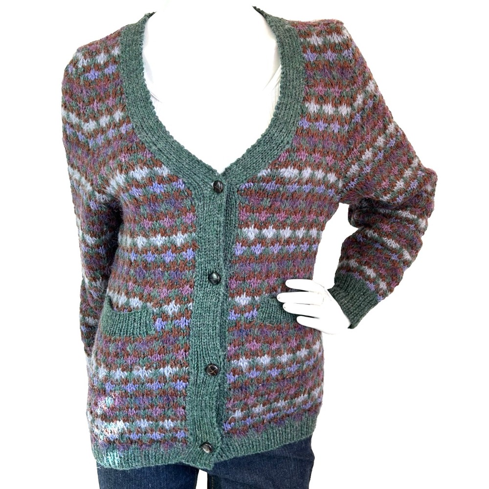 VTG Alison Taylor Handknit Mohair Wool Cardigan M Purple Gren Wales Grandpa Core